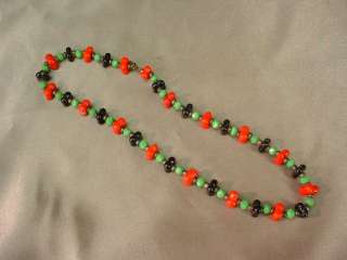   Antique Glass Beaded Stone NECKLACE Green Red Black CHRISTMAS Colors