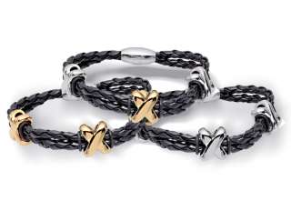 Mens Double Strap Black Leather Three Charm Bracelet  