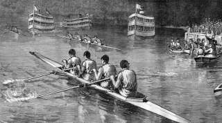 ROWING FOUR OARED COLLEGE BOAT RACE, SCHUYLKILL, FINISH  