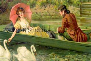 ROMANTIC COUPLE in Row Boat   SWANS   Giclee Print  