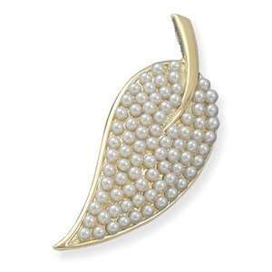    Leaf Pin Fashion Brooch 14K Gold Plate Simulated Pearl Jewelry
