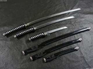 4pcs Japanese Samurai Black Katana Sword Set w/stand  