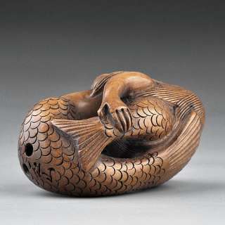 Japanese Carving Sculpture Mermaid & Baby Boxwood Wood Netsuke 