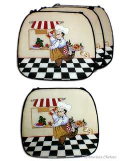 Set of 4 kitchen chair cushions with fat French chef design. Safe to 