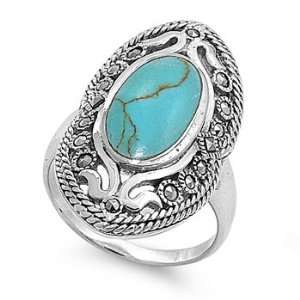 Sterling Silver Antique Inspired Turquoise Stone Ring Accented with 