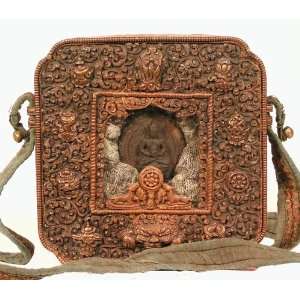   Tibetan Red Copper Square Ghau Box Auspicious Symbols 